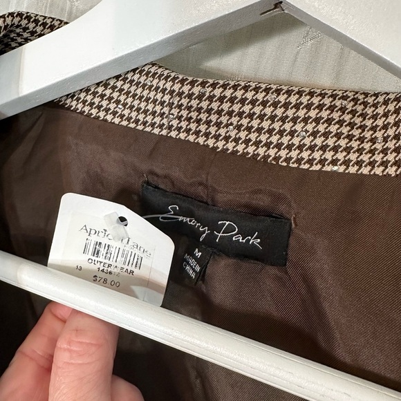 Emory Park Brown Tan Neutral Plaid Cropped Bedazzled Blazer Jacket MEDIUM NWT - Picture 7 of 9